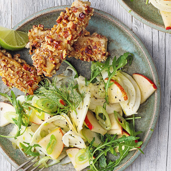Fenchelsalat mit Birne, Rucola und Pekannuss Tempeh