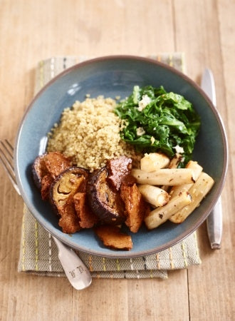 Seitan mit Auberginen und Schwarzwurzeln