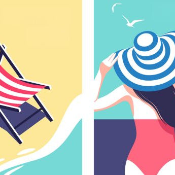 Illustrationen, rechts Frau von hinten mit großem Sonnenhut, links Liegestuhl am Strand