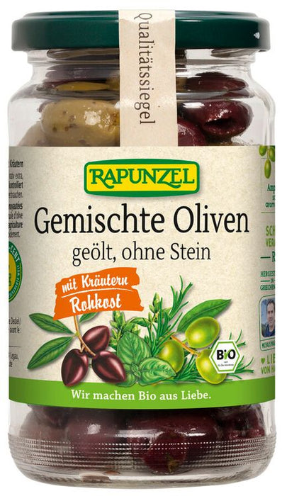 Rapunzel - Gemischte Oliven mit Kräutern, ohne Stein geölt, 170g