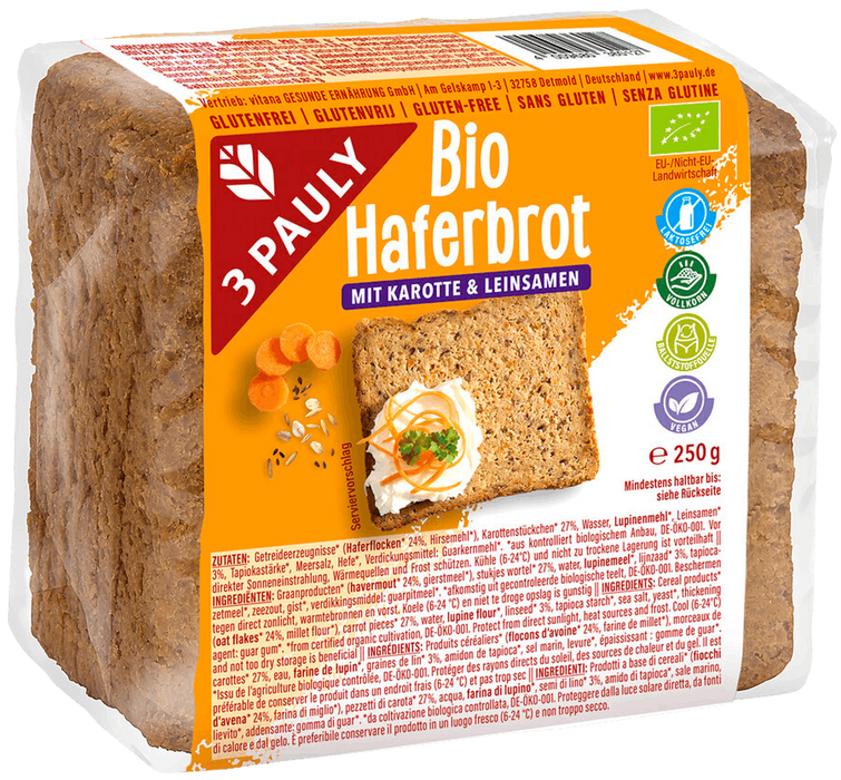 3 Pauly Bio Haferbrot mit Karotte und Leinsamen, Einzelpackung, 250g
