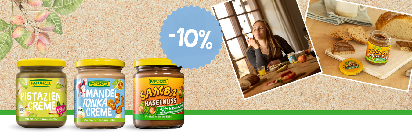 10 Prozent Rabatt auf Schoko- und Nusscremes von Rapunzel